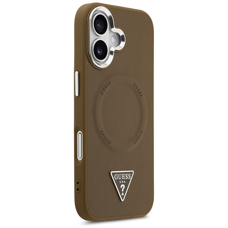 Guess Case Magsafe PU Leather Case With Triangle Logo Silver Metal Camera Frame For iPhone 17 Brown - Billede 4
