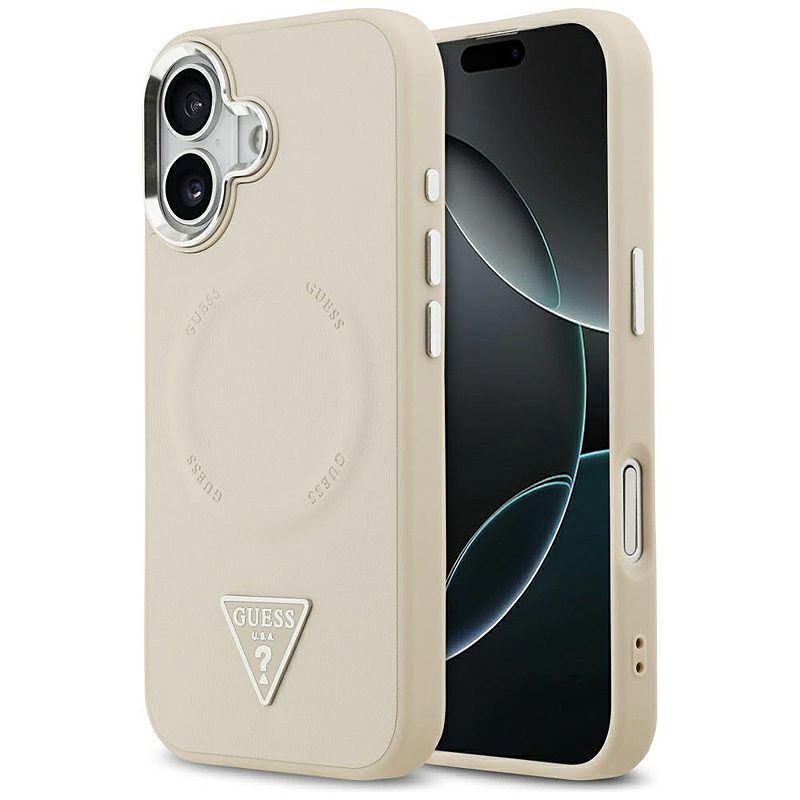 Guess Case Magsafe PU Leather Case With Triangle Logo Silver Metal Camera Frame For iPhone 17 Beige