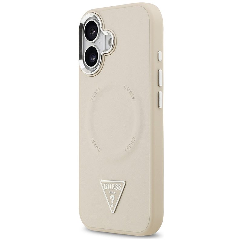 Guess Case Magsafe PU Leather Case With Triangle Logo Silver Metal Camera Frame For iPhone 17 Beige - Billede 2
