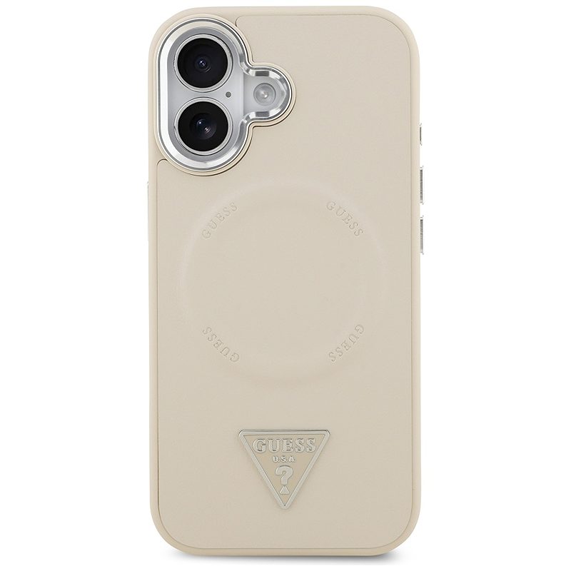 Guess Case Magsafe PU Leather Case With Triangle Logo Silver Metal Camera Frame For iPhone 17 Beige - Billede 3