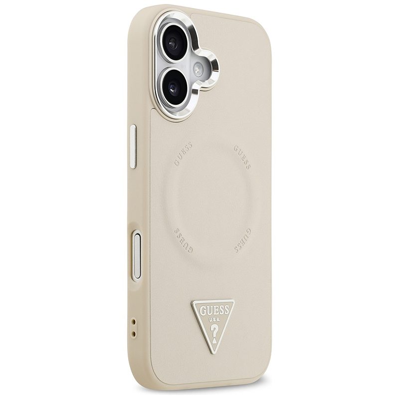 Guess Case Magsafe PU Leather Case With Triangle Logo Silver Metal Camera Frame For iPhone 17 Beige - Billede 4