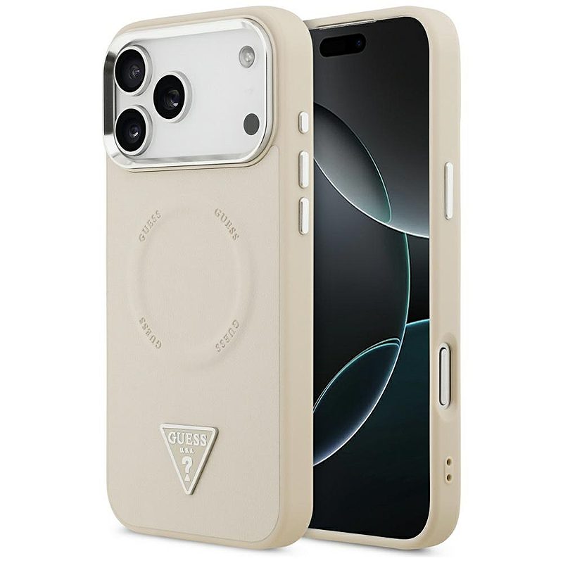 Guess Case Magsafe PU Leather Case With Triangle Logo Silver Metal Camera Frame For iPhone 17 Pro Max Beige