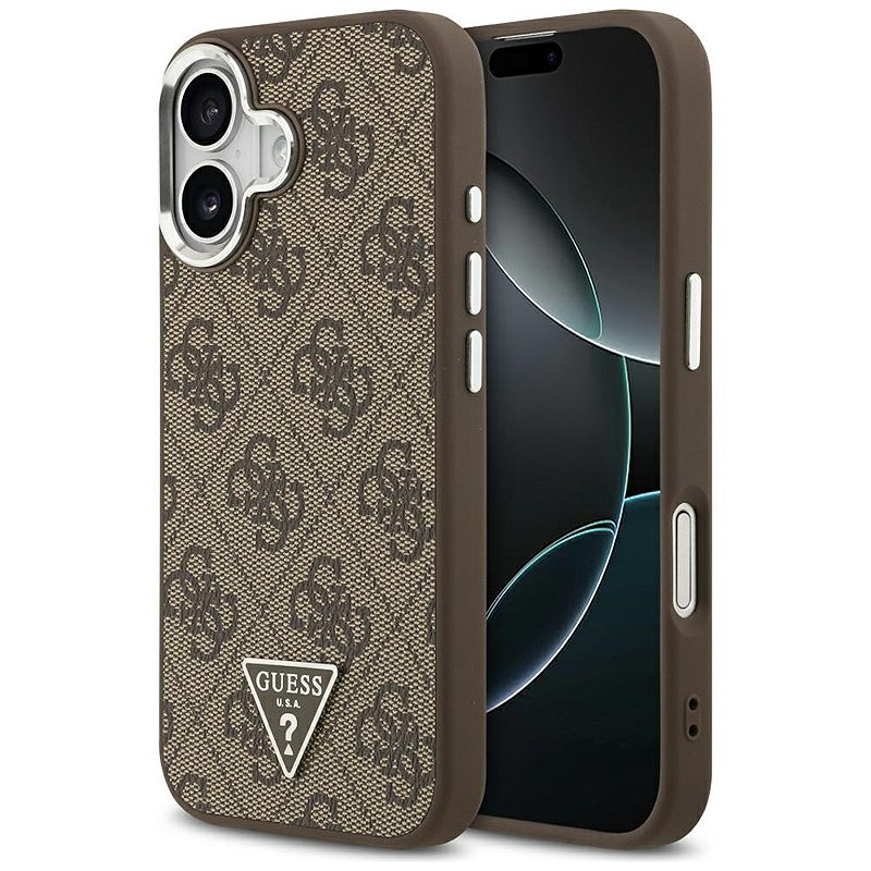 Guess Case Magsafe 4G PU Leather Case With Triangle Logo And Silver Metal Camera Frame For iPhone 17 Brown