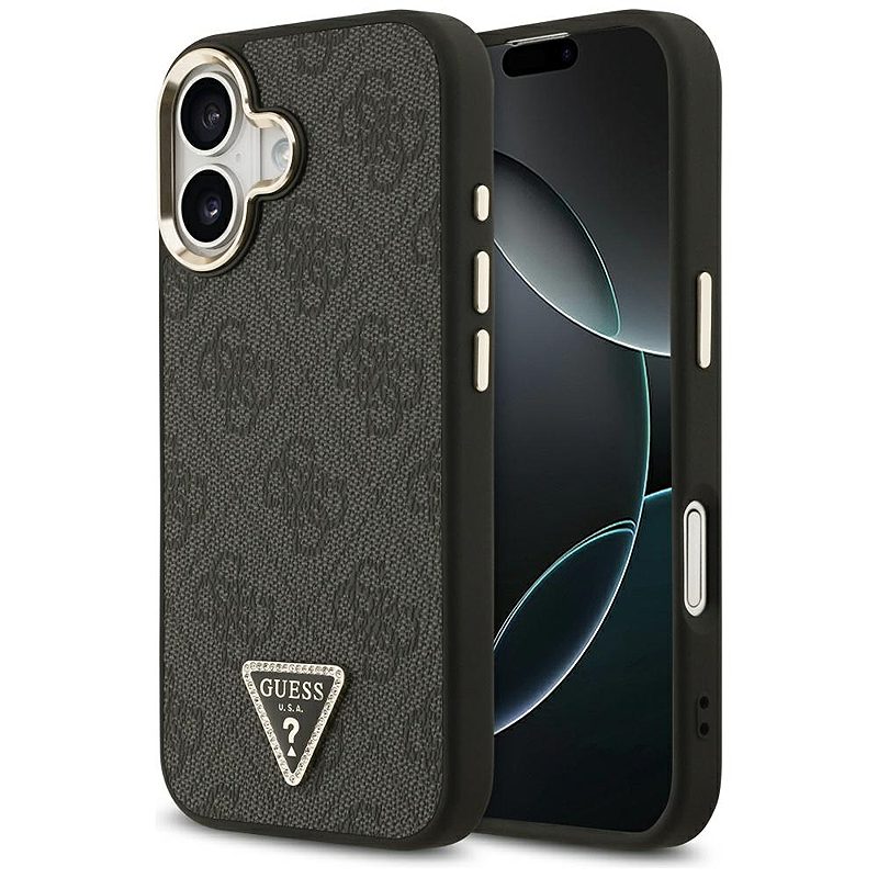 Guess Case Magsafe 4G PU Leather Case With Triangle Logo And Gold Metal Camera Frame For iPhone 17 Brown
