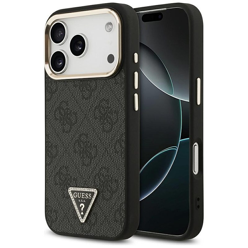 Guess Case Magsafe 4G PU Leather Case With Triangle Logo And Gold Metal Camera Frame For iPhone 17 Pro Black