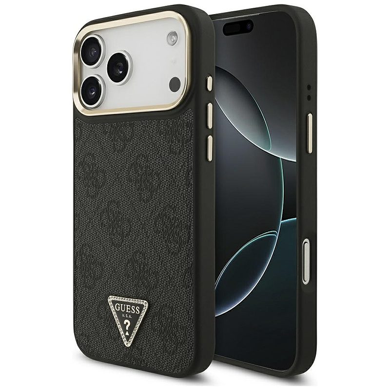 Guess Case Magsafe 4G PU Leather Case With Triangle Logo And Gold Metal Camera Frame For iPhone 17 Pro Max Brown