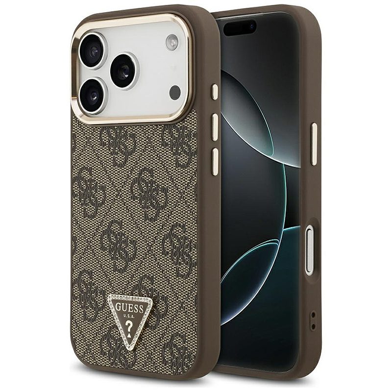 Guess Case Magsafe 4G PU Leather Case With Triangle Logo And Gold Metal Camera Frame For iPhone 17 Pro Brown