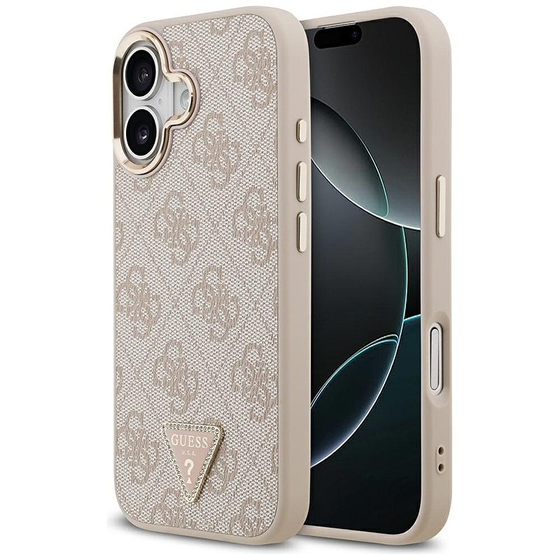 Guess Case Magsafe 4G PU Leather Case With Triangle Logo And Gold Metal Camera Frame For iPhone 17 Pink