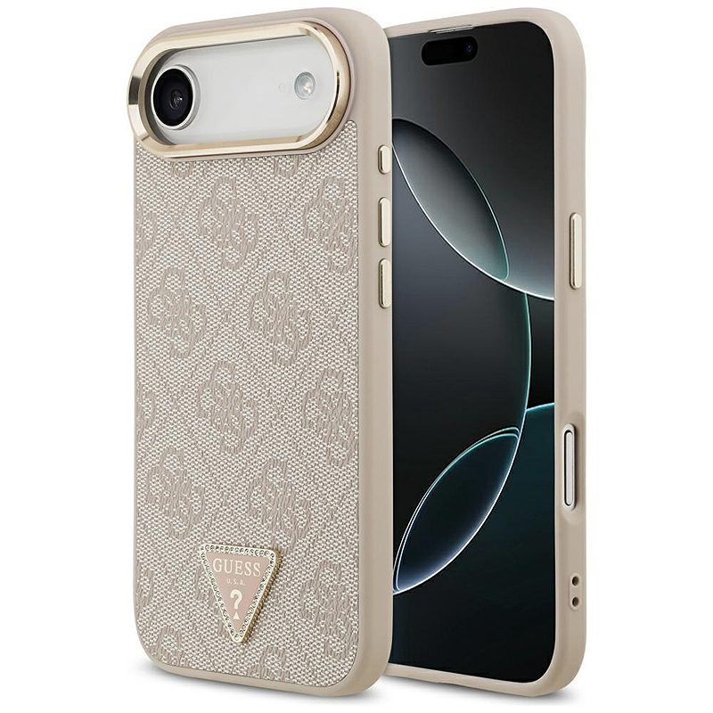 Guess Case Magsafe 4G PU Leather Case With Triangle Logo And Gold Metal Camera Frame For iPhone 17 Air Pink
