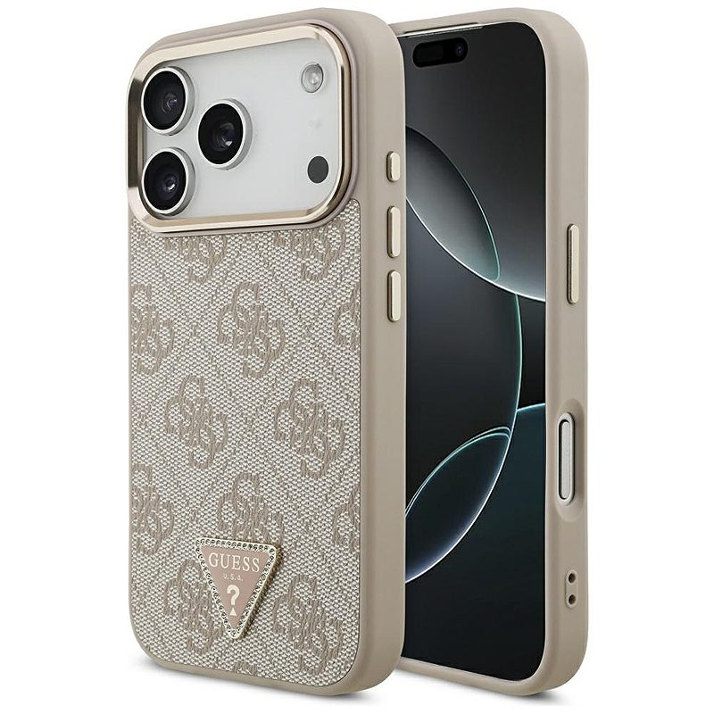 Guess Case Magsafe 4G PU Leather Case With Triangle Logo And Gold Metal Camera Frame For iPhone 17 Pro Pink
