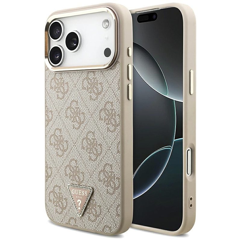 Guess Case Magsafe 4G PU Leather Case With Triangle Logo And Gold Metal Camera Frame For iPhone 17 Pro Max Pink