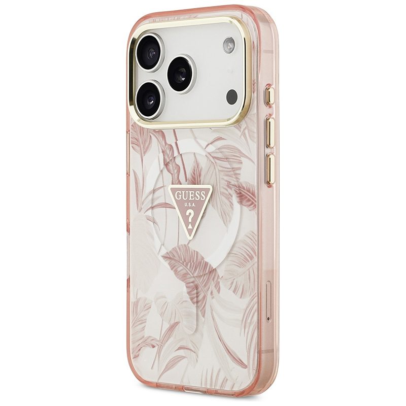 Guess Case Magsafe Pc TPU Case Jungle Tonal Pattern With Printed Logo Triangle And Metal Camera Frame For iPhone 17 Pro Pink - Billede 2