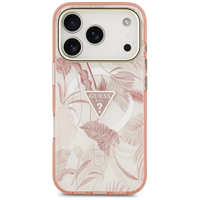 Guess Case Magsafe Pc TPU Case Jungle Tonal Pattern With Printed Logo Triangle And Metal Camera Frame For iPhone 17 Pro Pink - Billede 3