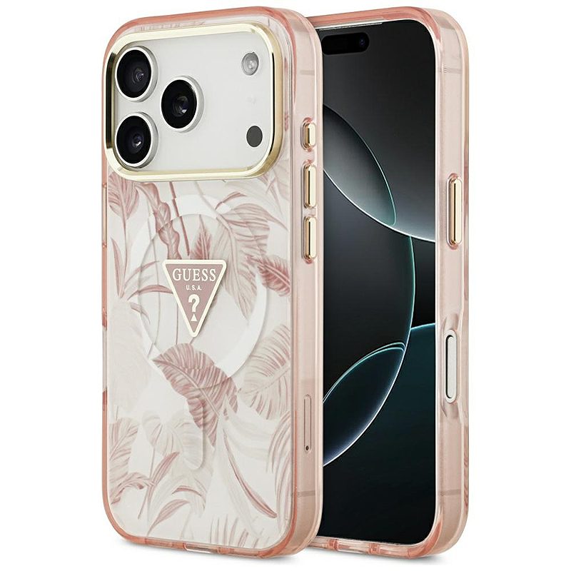 Guess Case Magsafe Pc TPU Case Jungle Tonal Pattern With Printed Logo Triangle And Metal Camera Frame For iPhone 17 Pro Max Pink