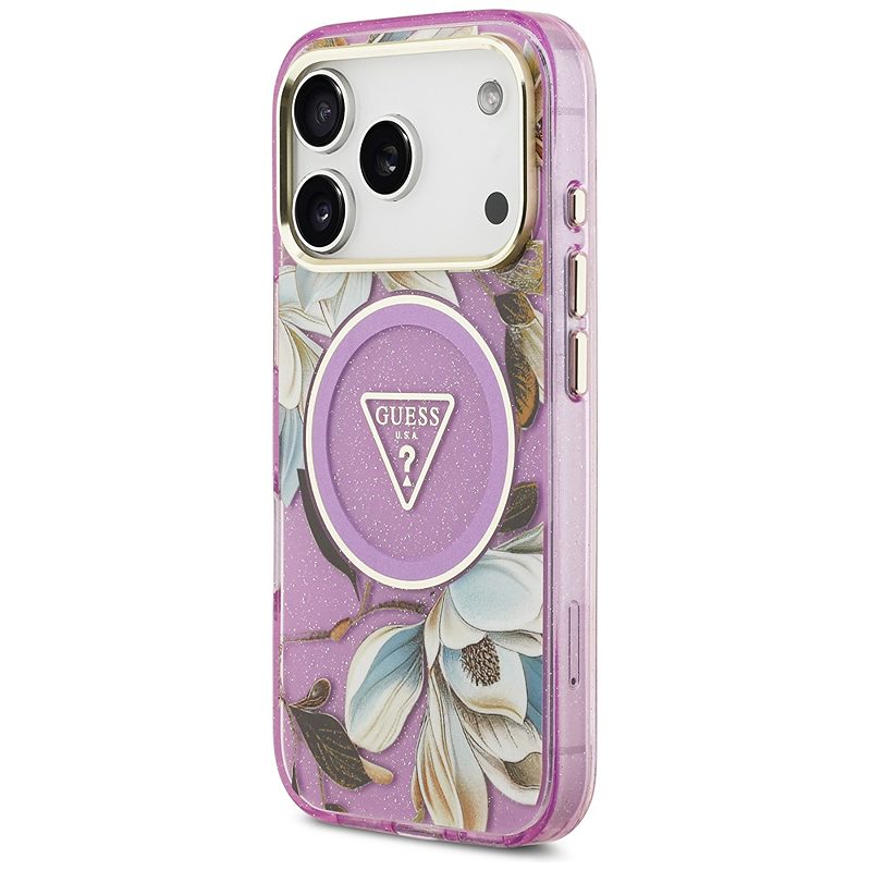 Guess Case Magsafe IML Case Glitter Flowers And Triangle With Metal Camera Frame And Buttons For iPhone 17 Pro Max PUrple - Billede 2