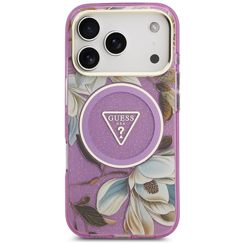 Guess Case Magsafe IML Case Glitter Flowers And Triangle With Metal Camera Frame And Buttons For iPhone 17 Pro Max PUrple - Billede 3