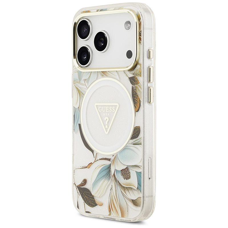 Guess Case Magsafe IML Case Glitter Flowers And Triangle With Metal Camera Frame And Buttons For iPhone 17 Pro Max White - Billede 2