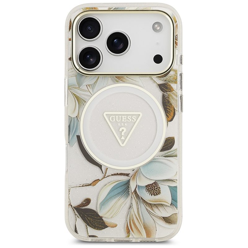 Guess Case Magsafe IML Case Glitter Flowers And Triangle With Metal Camera Frame And Buttons For iPhone 17 Pro Max White - Billede 3