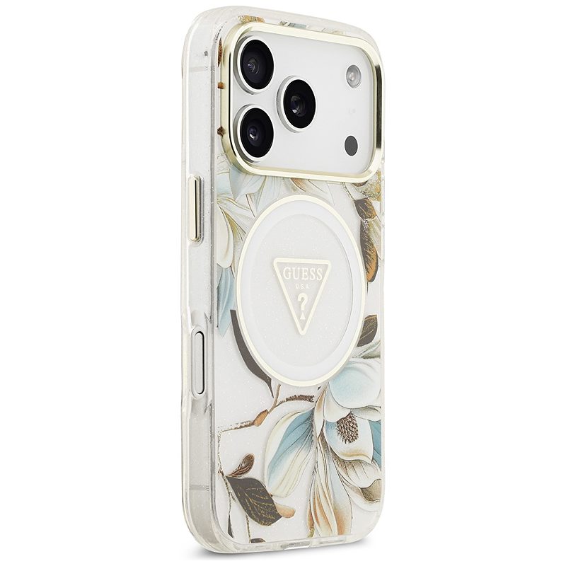 Guess Case Magsafe IML Case Glitter Flowers And Triangle With Metal Camera Frame And Buttons For iPhone 17 Pro Max White - Billede 4