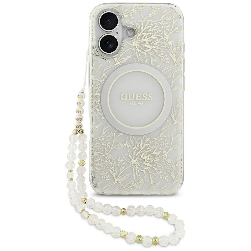 Guess Case Magsafe IML Case Flowers Electroplated Allover With Beads Strap For iPhone 17 White