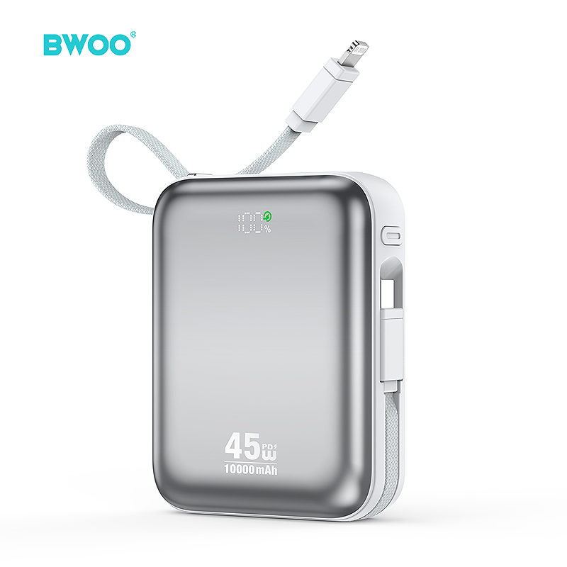 BWOO power bank P77 45W, 10000 mAh with USB-C and Lightning cable, grey