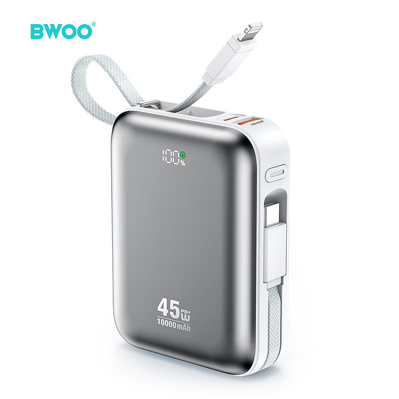 BWOO power bank P77 45W, 10000 mAh with USB-C and Lightning cable, grey - Billede 2