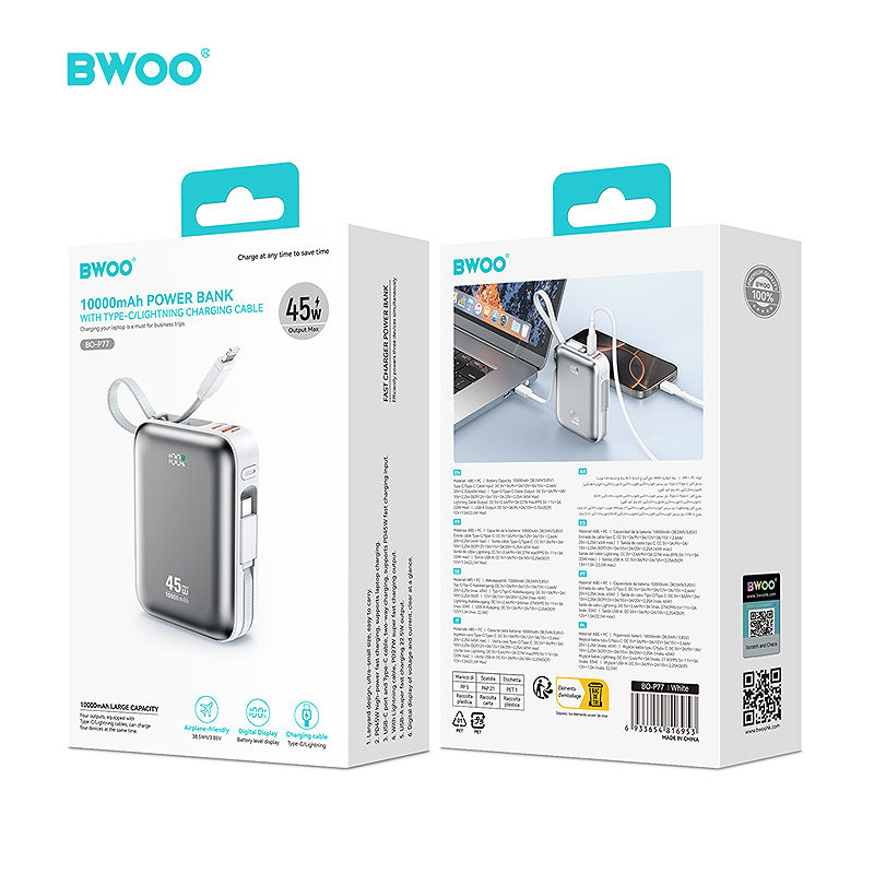 BWOO power bank P77 45W, 10000 mAh with USB-C and Lightning cable, grey - Billede 3