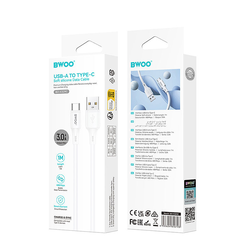 BWOO 3A silicone cable X329C USB - USB-C 1m white - Billede 4