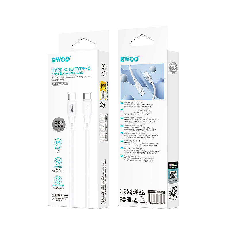 BWOO silicone cable X329CC 65W USB-C 1m white - Billede 4