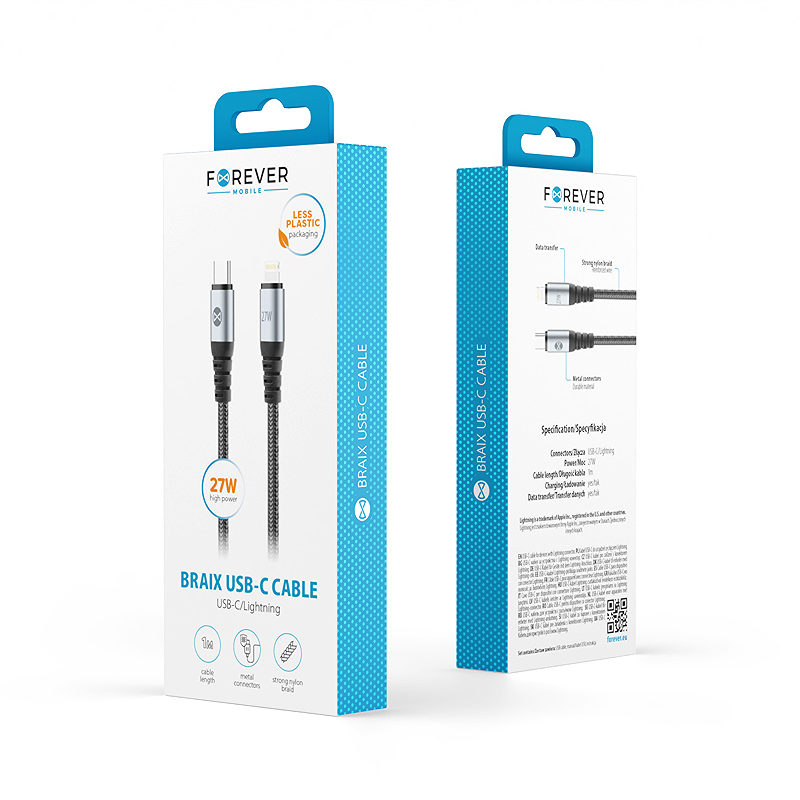 Forever Braix cable USB-C - Lightning 1,0 m 27W black - Billede 2