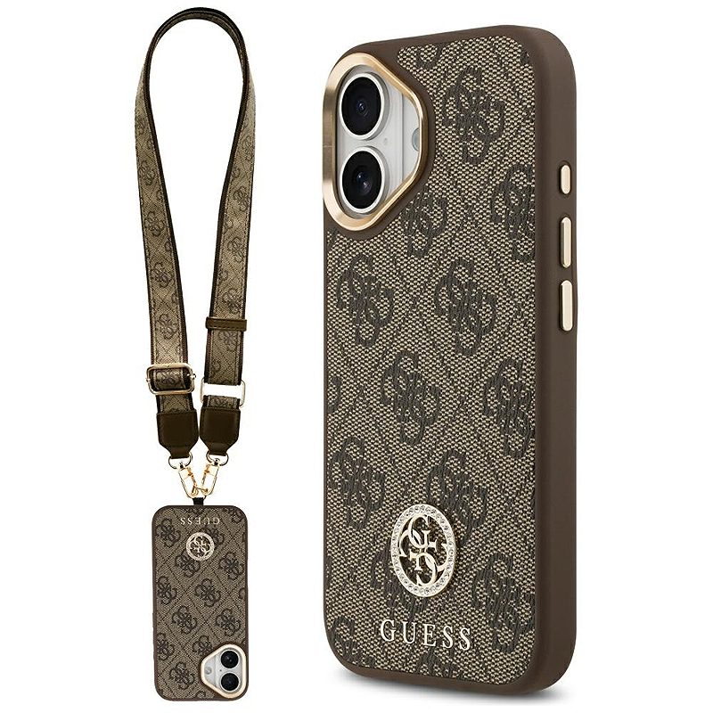 Guess 4G Strass Logo & Big Strap Metal Buttons MagSafe case for iPhone 17 brown