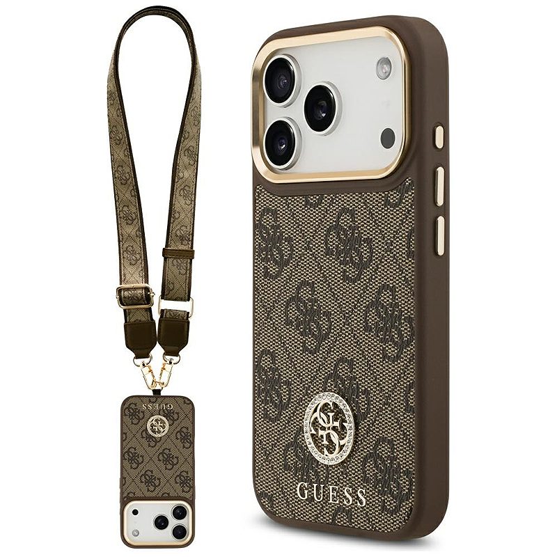 Guess 4G Strass Logo & Big Strap Metal Buttons MagSafe case for iPhone 17 Pro brown
