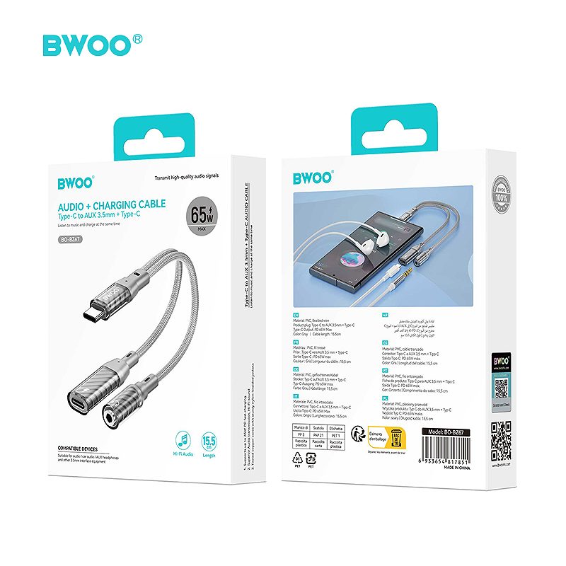 BWOO 2 in 1 Adapter Type C to Type C /3.5MM Jack BZ67 - Billede 5