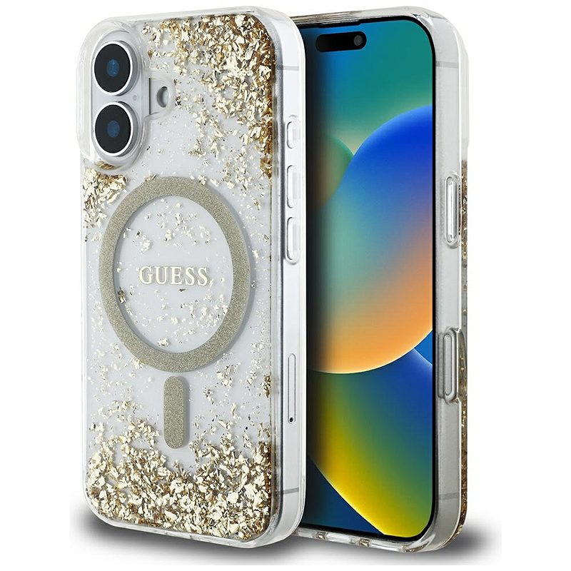 Guess HC Resin Bottom Glitter case for iPhone 16 MagSafe gold