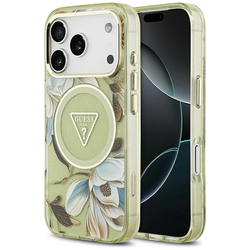 Guess IML Glitter Flowers Triangle MagSafe case for iPhone 17 Pro Max green