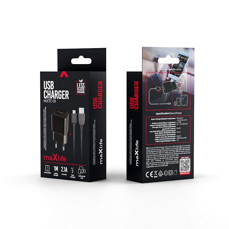 Maxlife MXTC-01 charger 1x USB 2.1A black + microUSB cable - Billede 5