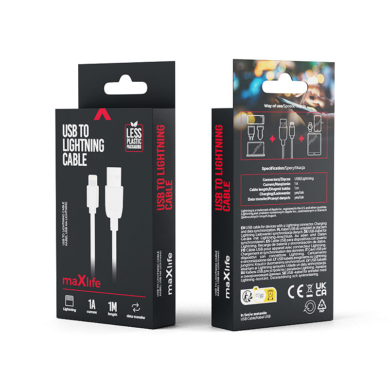 Maxlife cable USB - Lightning 1,0 m 1A white - Billede 2