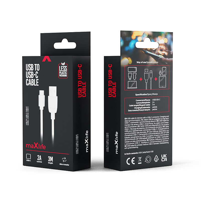 Maxlife cable USB - USB-C 3,0 m 2A white - Billede 4