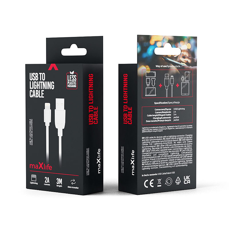 Maxlife cable USB - Lightning 3,0 m 2A white - Billede 4