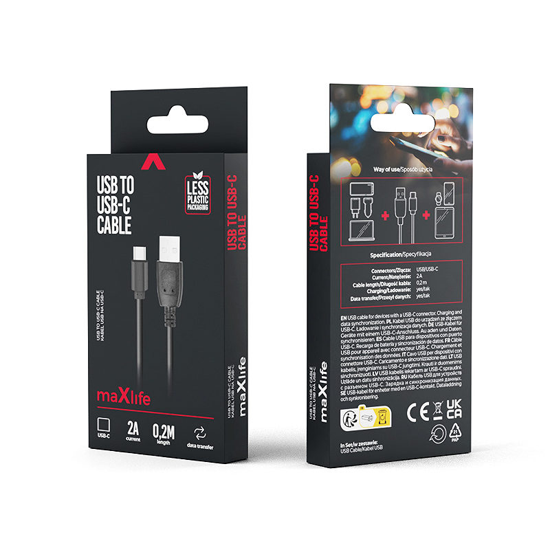Maxlife cable USB - USB-C 0,2 m 2A black - Billede 2