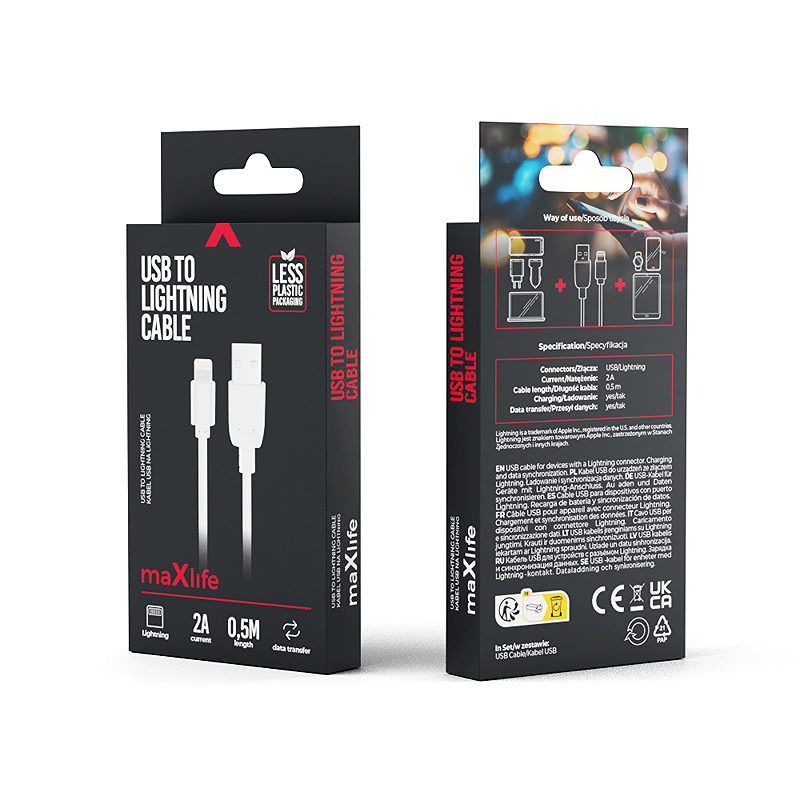 Maxlife cable USB - Lightning 0,5 m 2A white - Billede 2