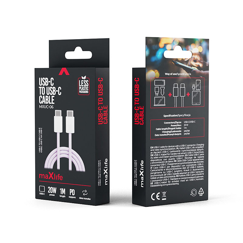 Maxlife MXUC-06 cable USB-C - USB-C 1,0 m 20W purple nylon - Billede 5