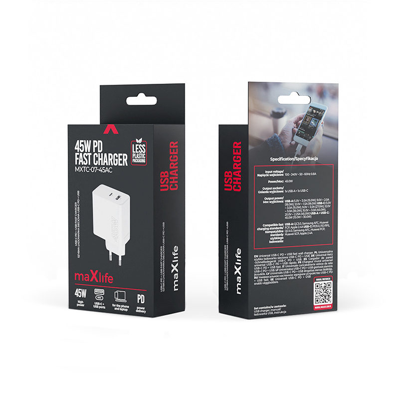 Maxlife MXTC-07-45AC PD QC charger 1x USB-C 1x USB 45W white - Billede 5