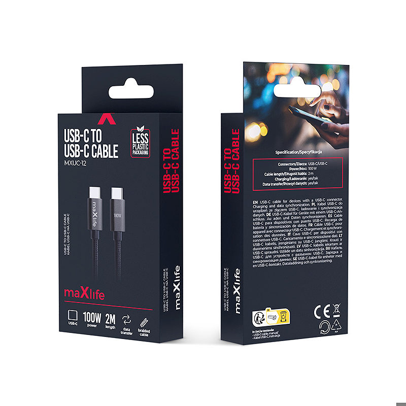 Maxlife MXUC-12 cable USB-C - USB-C 2,0 m 100W black - Billede 4
