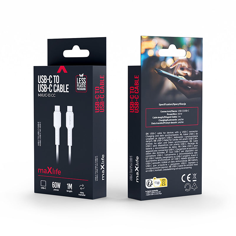 Maxlife MXUC-13 cable USB-C - USB-C 1,0 m 60W white - Billede 2