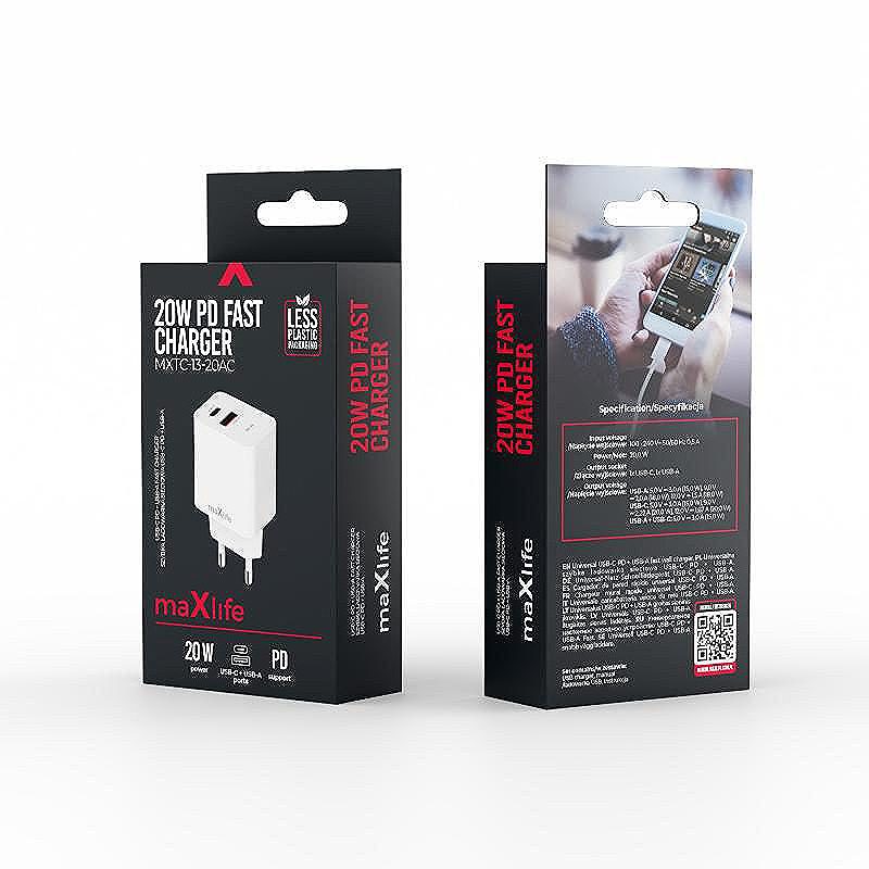 Maxlife 220V 20W PD QC oplader 1x USB-C 1x USB hvid