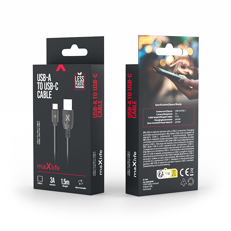 Maxlife cable USB - USB-C 1,5 m 3A black - Billede 2