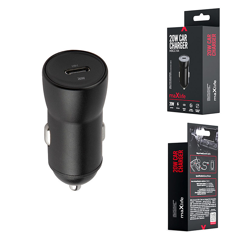 Maxlife MXCC-04 PD QC car charger 1x USB-C 20W black - Billede 5