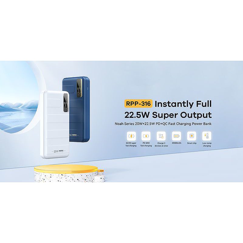 POWERBANK REMAX NOAH SERIES 20000mAH RPP-316 PD20W+QC 22,5W BLUE - Billede 2