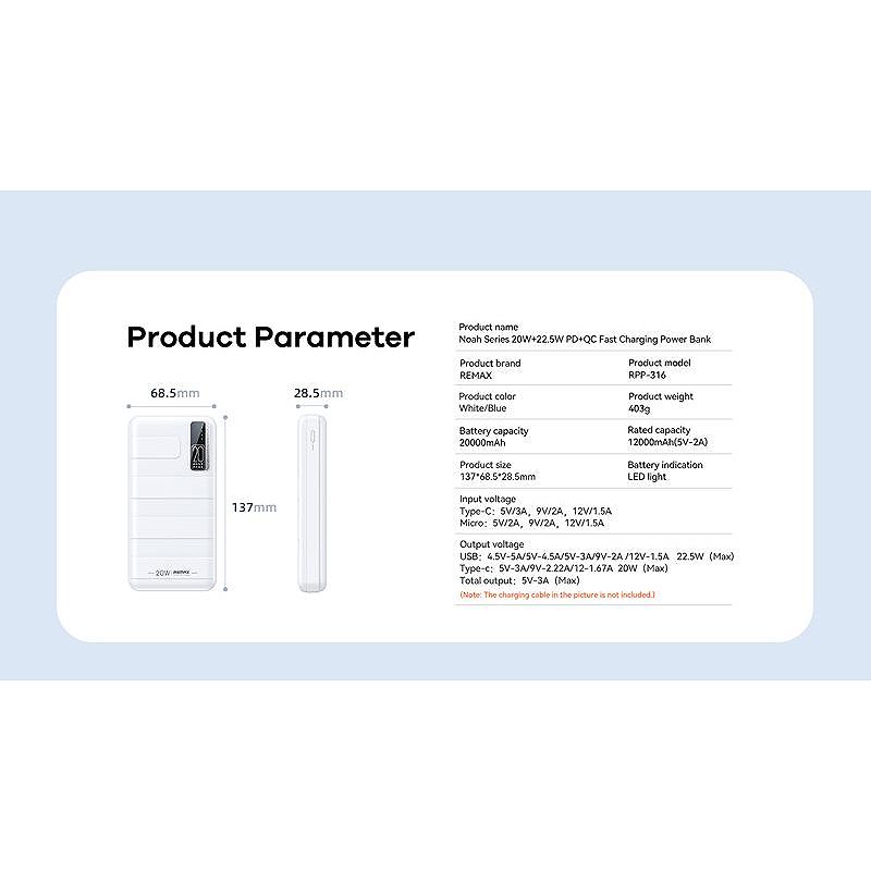 POWERBANK REMAX NOAH SERIES 20000mAH RPP-316 PD20W+QC 22,5W BLUE - Billede 5